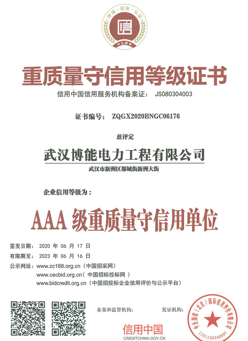 重質量守信用等級證書